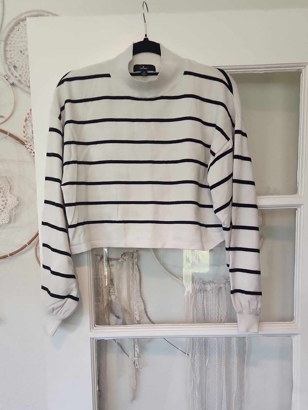Lulu's White and Black Striped Mock Neck Cropped Sweater